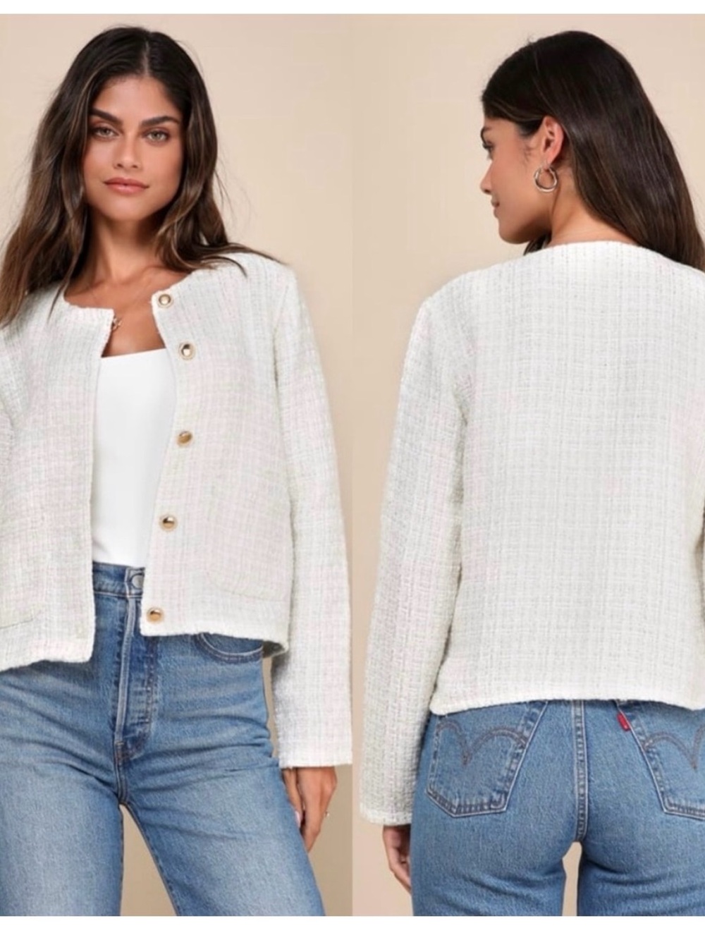 Lulu's Cream Tweed Gold-Button Collarless Jacket
